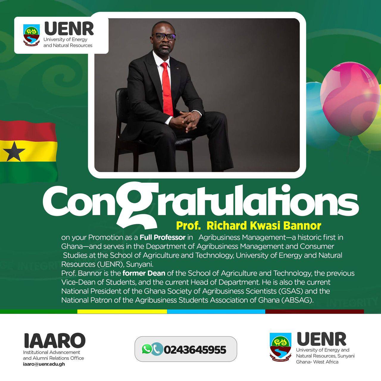 Celebrating Academic Excellence: Prof. Richard Kwasi Bannor Attains Full Professorship at University of Energy and Natural Resources